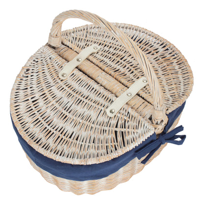 White Wash Finish Oval Picnic Hamper Basket with Navy Blue Lining