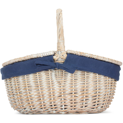 White Wash Finish Oval Picnic Hamper Basket with Navy Blue Lining