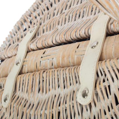 White Wash Finish Oval Picnic Hamper Basket with Navy Blue Lining
