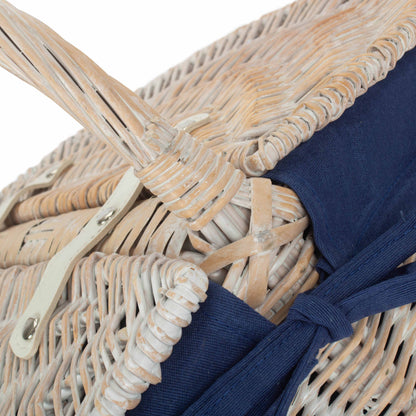 White Wash Finish Oval Picnic Hamper Basket with Navy Blue Lining