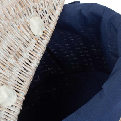 White Wash Finish Oval Picnic Hamper Basket with Navy Blue Lining