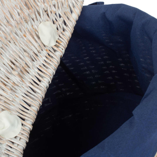 White Wash Finish Oval Picnic Hamper Basket with Navy Blue Lining
