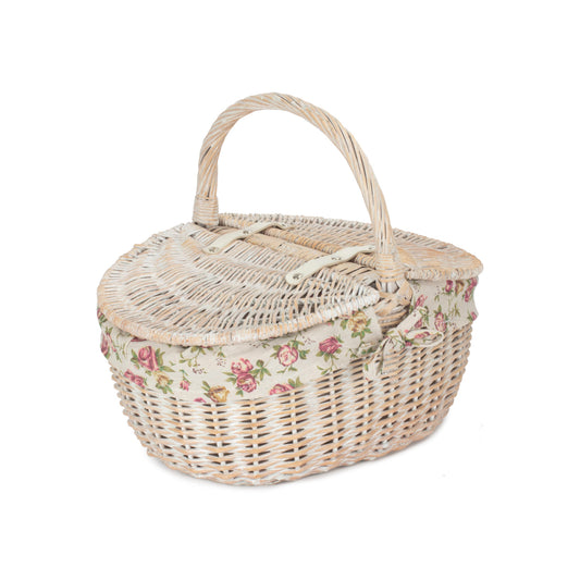 White Wash Finish Oval Picnic Hamper Basket with Garden Rose Lining