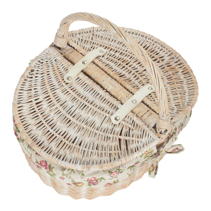 White Wash Finish Oval Picnic Hamper Basket with Garden Rose Lining
