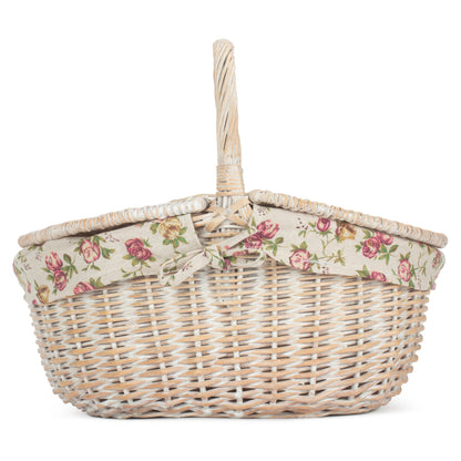 White Wash Finish Oval Picnic Hamper Basket with Garden Rose Lining