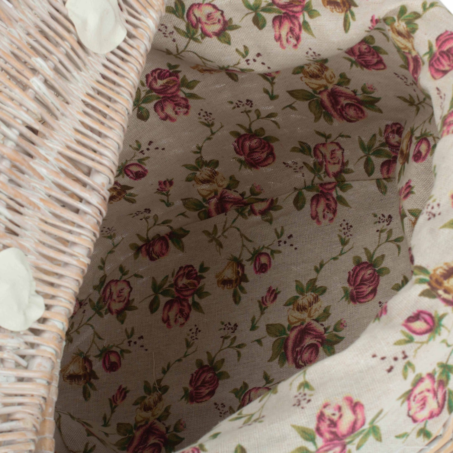 White Wash Finish Oval Picnic Hamper Basket with Garden Rose Lining