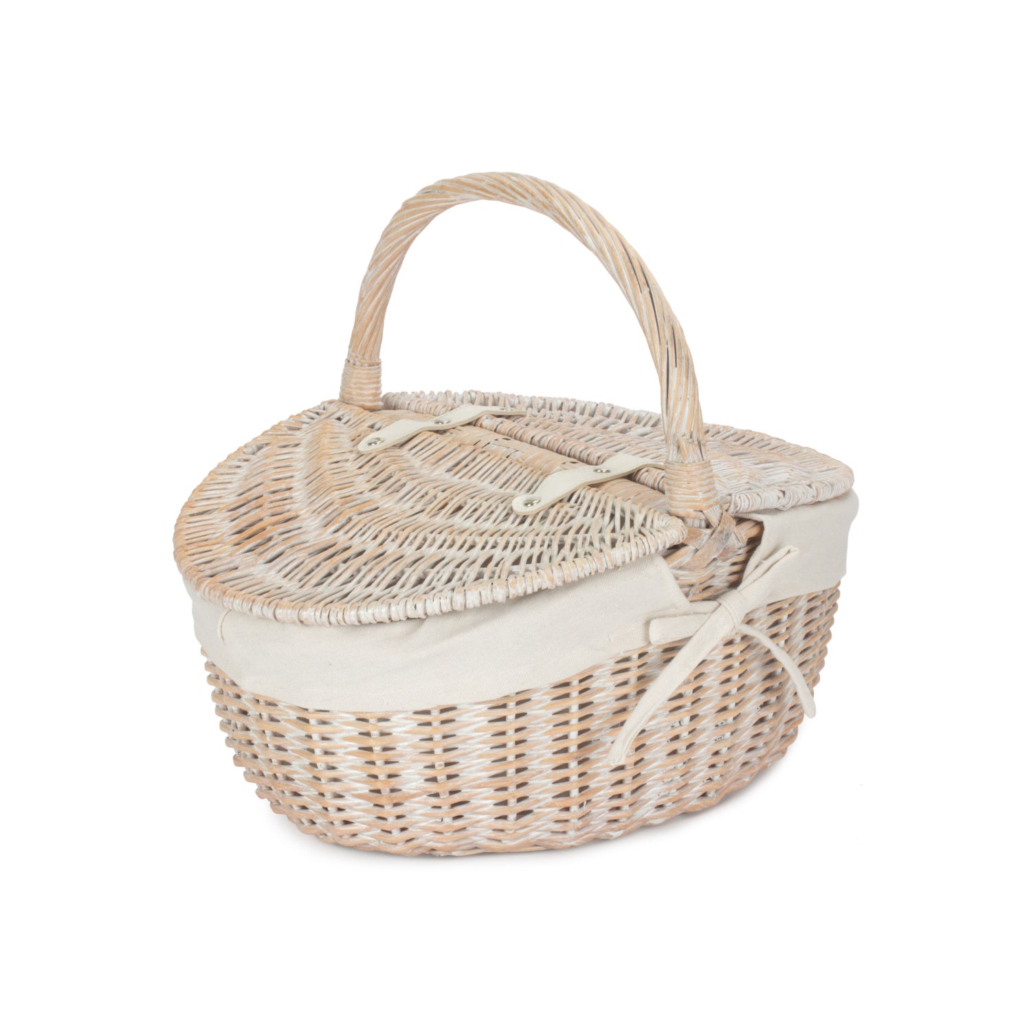 White Wash Finish Oval Picnic Hamper Basket with White Lining