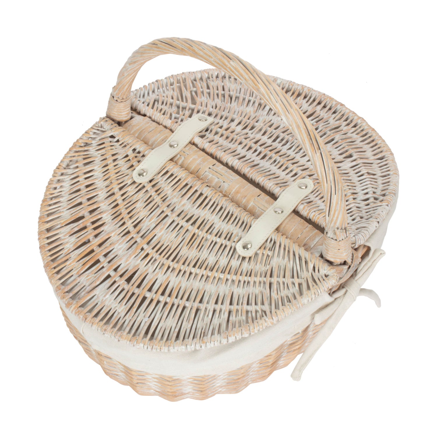 White Wash Finish Oval Picnic Hamper Basket with White Lining