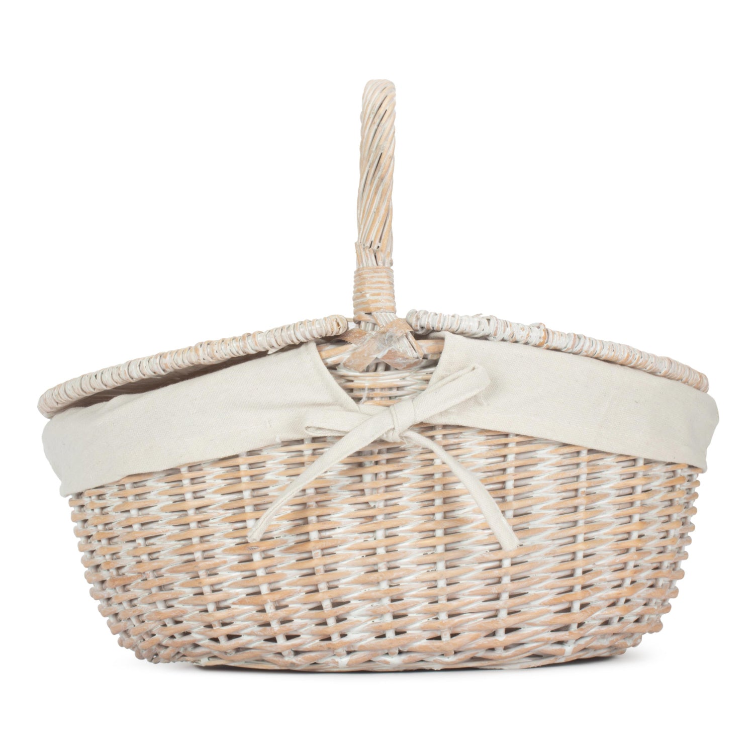 White Wash Finish Oval Picnic Hamper Basket with White Lining