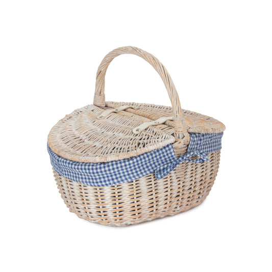 White Wash Finish Oval Picnic Hamper Basket with Blue & White Checked Lining