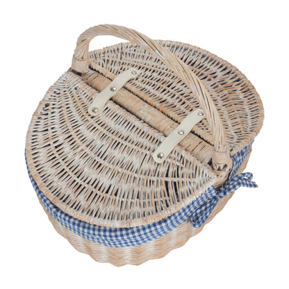 White Wash Finish Oval Picnic Hamper Basket with Blue & White Checked Lining
