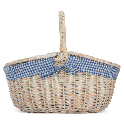 White Wash Finish Oval Picnic Hamper Basket with Blue & White Checked Lining