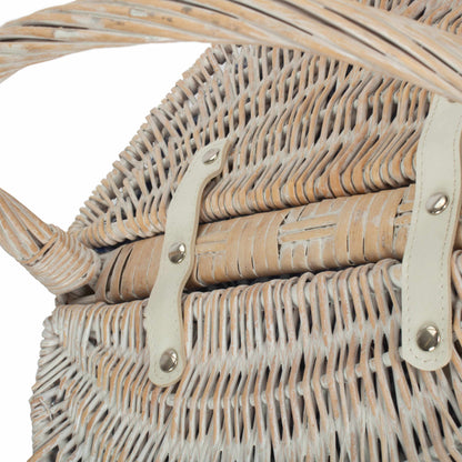 White Wash Finish Oval Picnic Hamper Basket with Blue & White Checked Lining