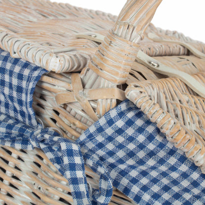 White Wash Finish Oval Picnic Hamper Basket with Blue & White Checked Lining
