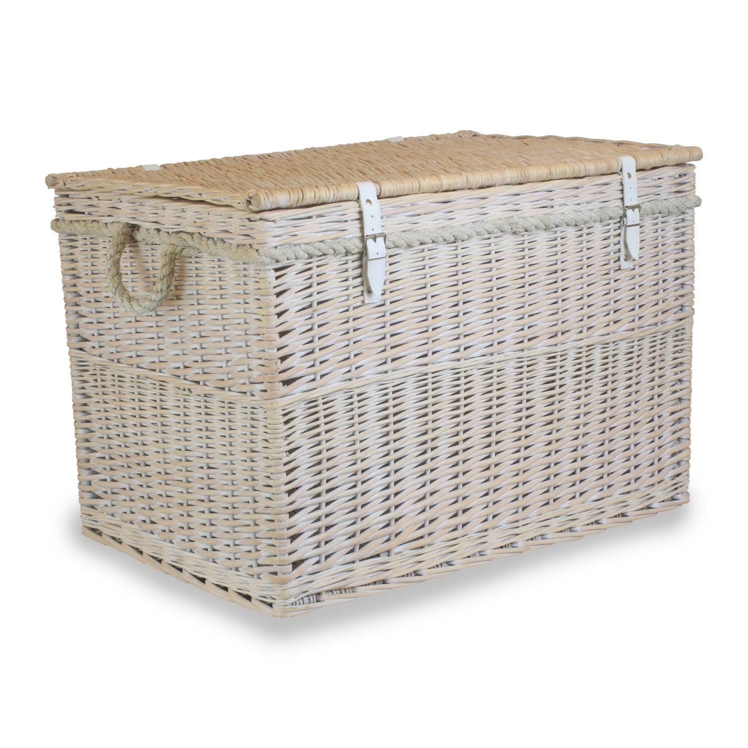 29 Inch White Wash Willow Storage Hamper with Rope Handles