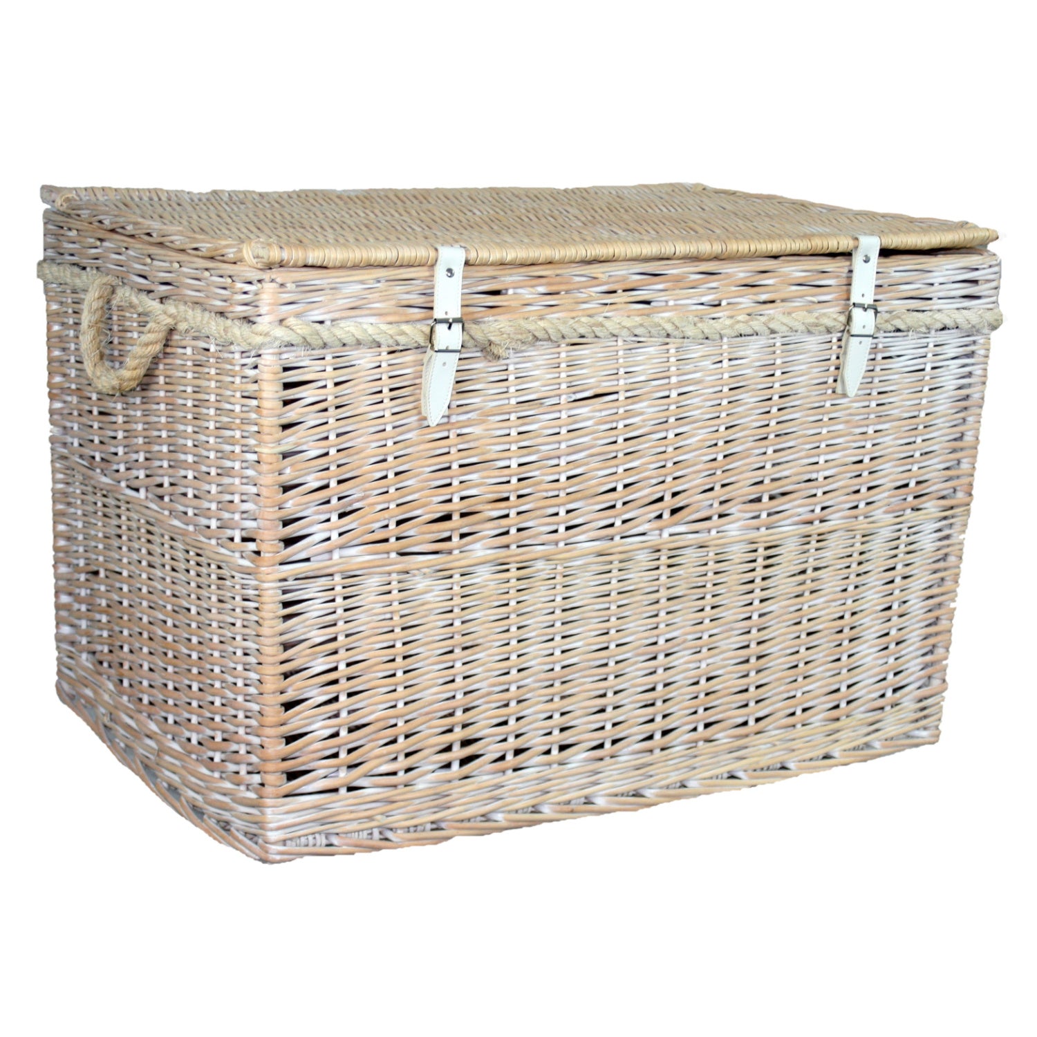29 Inch White Wash Willow Storage Hamper with Rope Handles