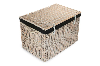 29 Inch White Wash Willow Storage Hamper with Rope Handles and Black Lining