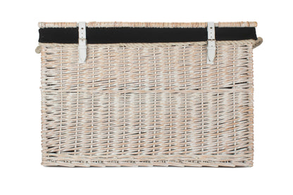 29 Inch White Wash Willow Storage Hamper with Rope Handles and Black Lining