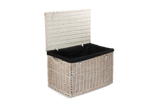 29 Inch White Wash Willow Storage Hamper with Rope Handles and Black Lining