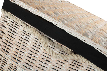29 Inch White Wash Willow Storage Hamper with Rope Handles and Black Lining