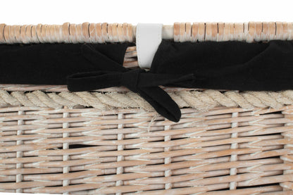 29 Inch White Wash Willow Storage Hamper with Rope Handles and Black Lining