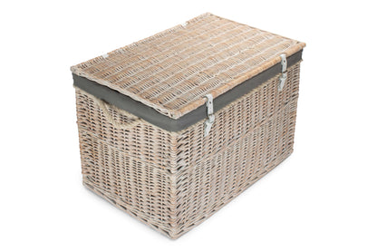 29 Inch White Wash Willow Storage Hamper with Rope Handles and Grey Sage Lining