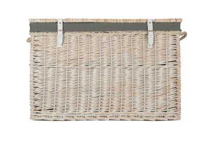 29 Inch White Wash Willow Storage Hamper with Rope Handles and Grey Sage Lining