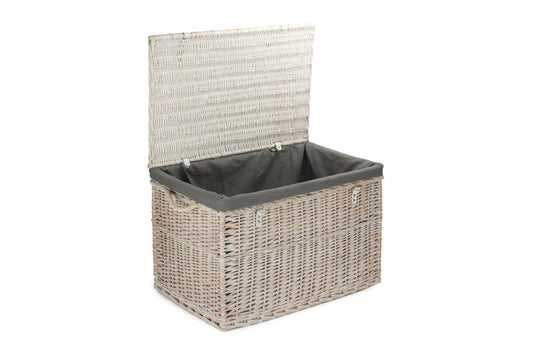 29 Inch White Wash Willow Storage Hamper with Rope Handles and Grey Sage Lining