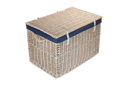 29 Inch White Wash Willow Storage Hamper with Rope Handles and Navy Blue Lining