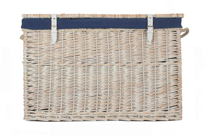 29 Inch White Wash Willow Storage Hamper with Rope Handles and Navy Blue Lining