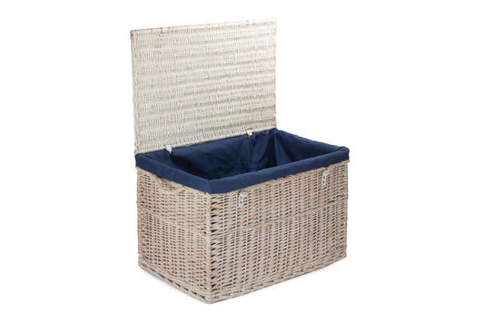 29 Inch White Wash Willow Storage Hamper with Rope Handles and Navy Blue Lining