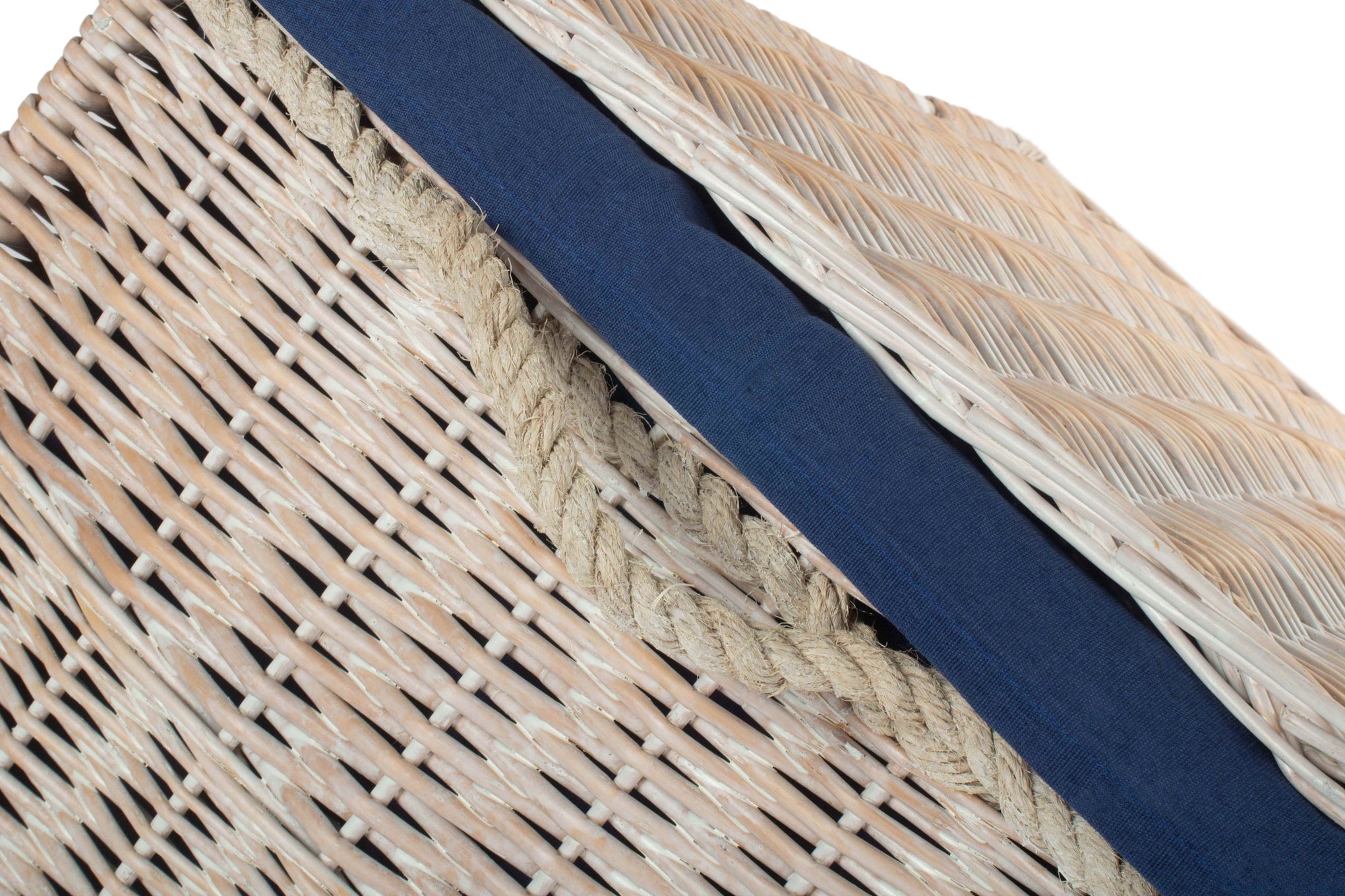 29 Inch White Wash Willow Storage Hamper with Rope Handles and Navy Blue Lining
