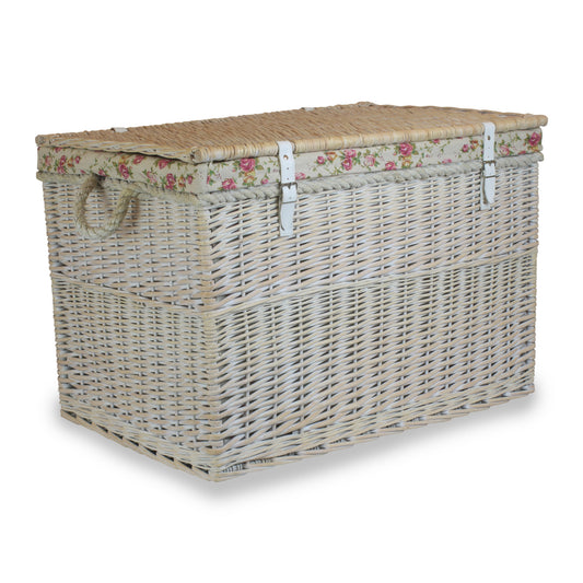 29 Inch White Wash Willow Storage Hamper with Rope Handles and Garden Rose Lining