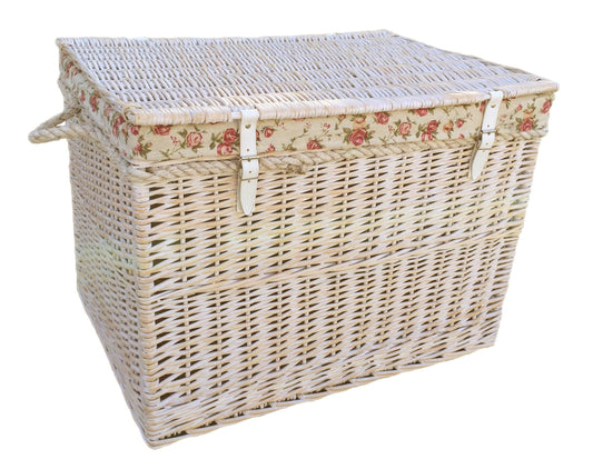 29 Inch White Wash Willow Storage Hamper with Rope Handles and Garden Rose Lining