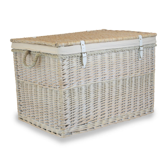 29 Inch White Wash Willow Storage Hamper with Rope Handles and White Lining
