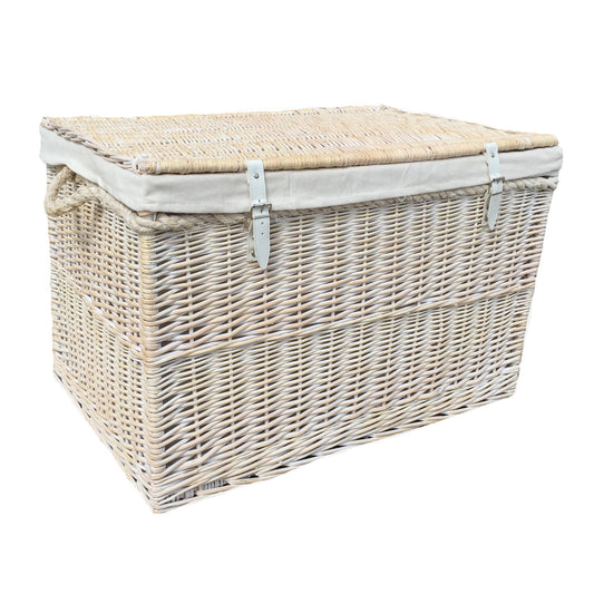 29 Inch White Wash Willow Storage Hamper with Rope Handles and White Lining