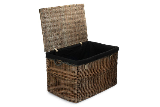 29 Inch Antique Wash Willow Storage Hamper with Rope Handles and Black Lining