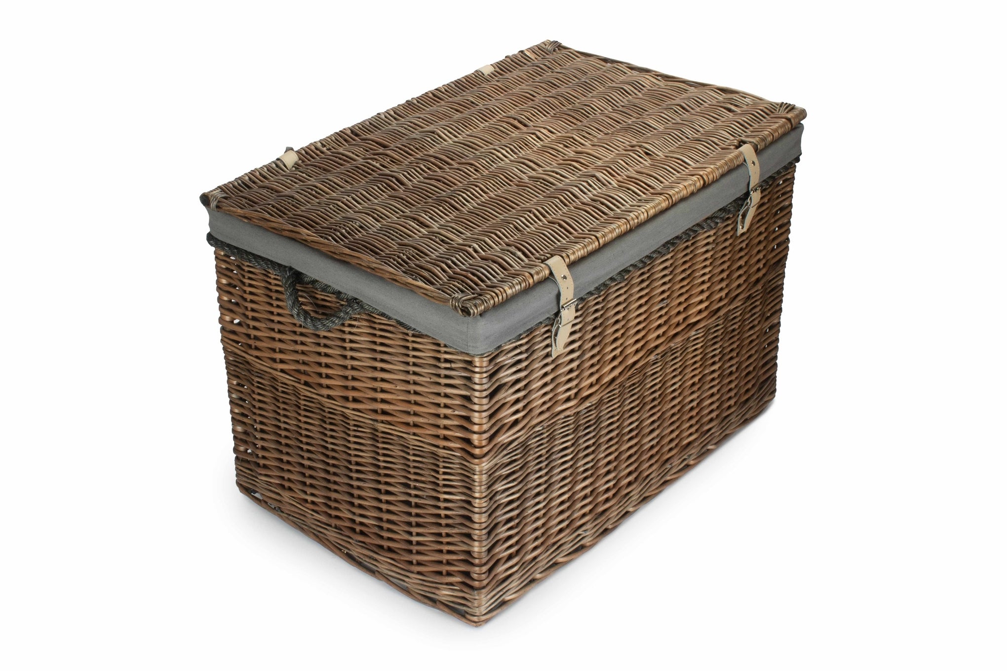 29 Inch Antique Wash Willow Storage Hamper with Rope Handles and Grey Sage Lining