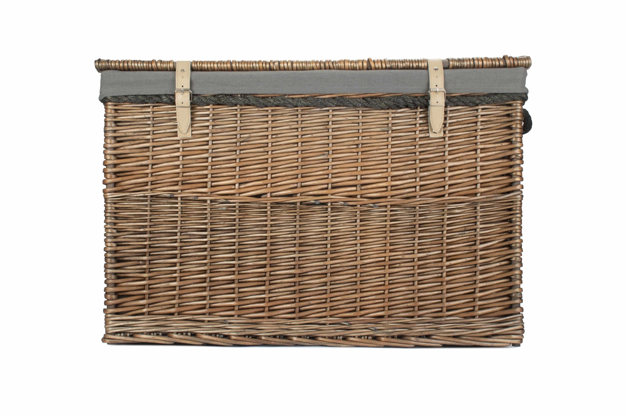 29 Inch Antique Wash Willow Storage Hamper with Rope Handles and Grey Sage Lining