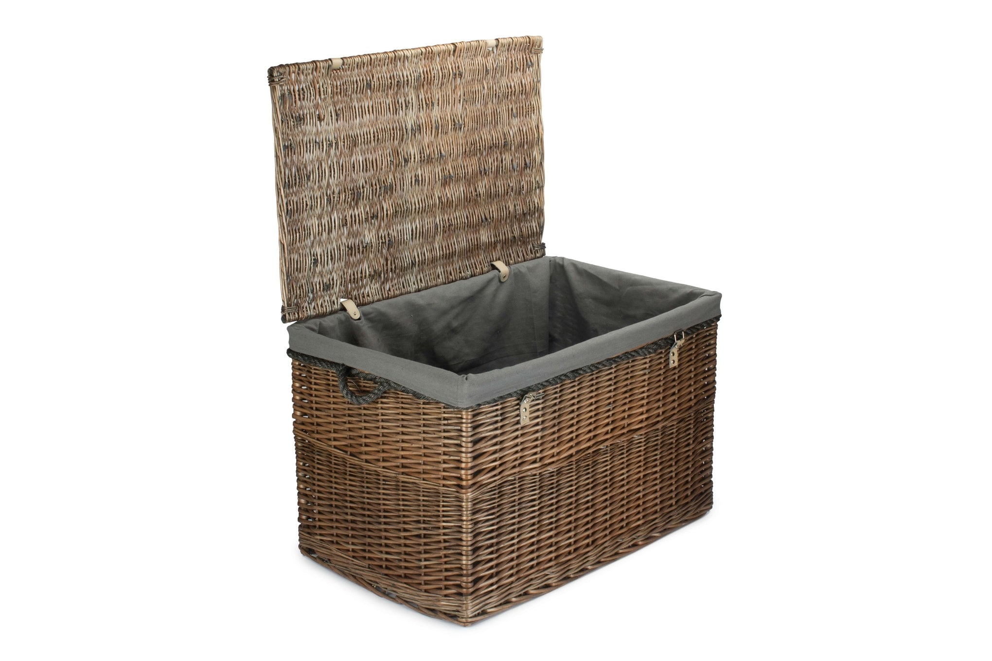 29 Inch Antique Wash Willow Storage Hamper with Rope Handles and Grey Sage Lining