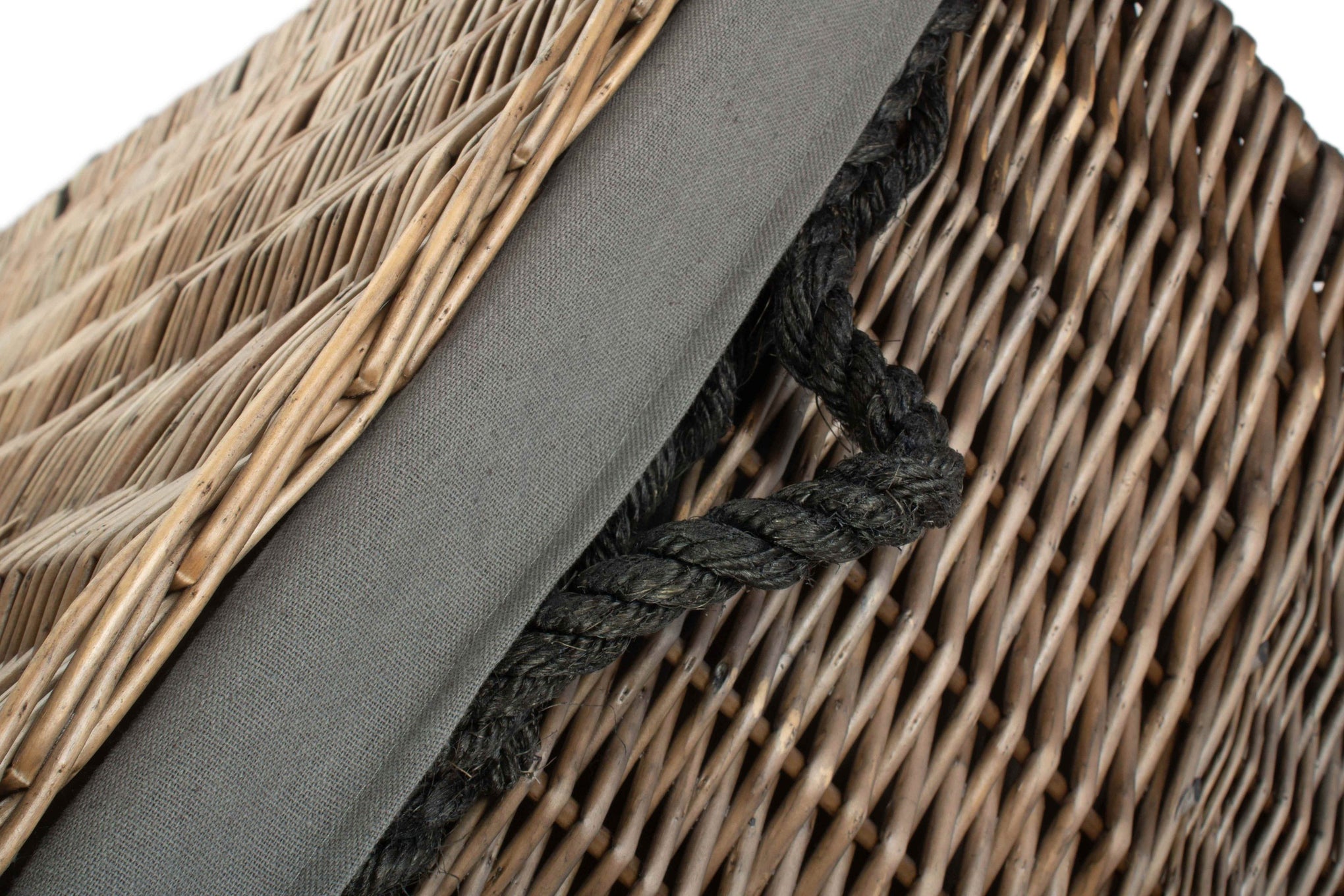 29 Inch Antique Wash Willow Storage Hamper with Rope Handles and Grey Sage Lining