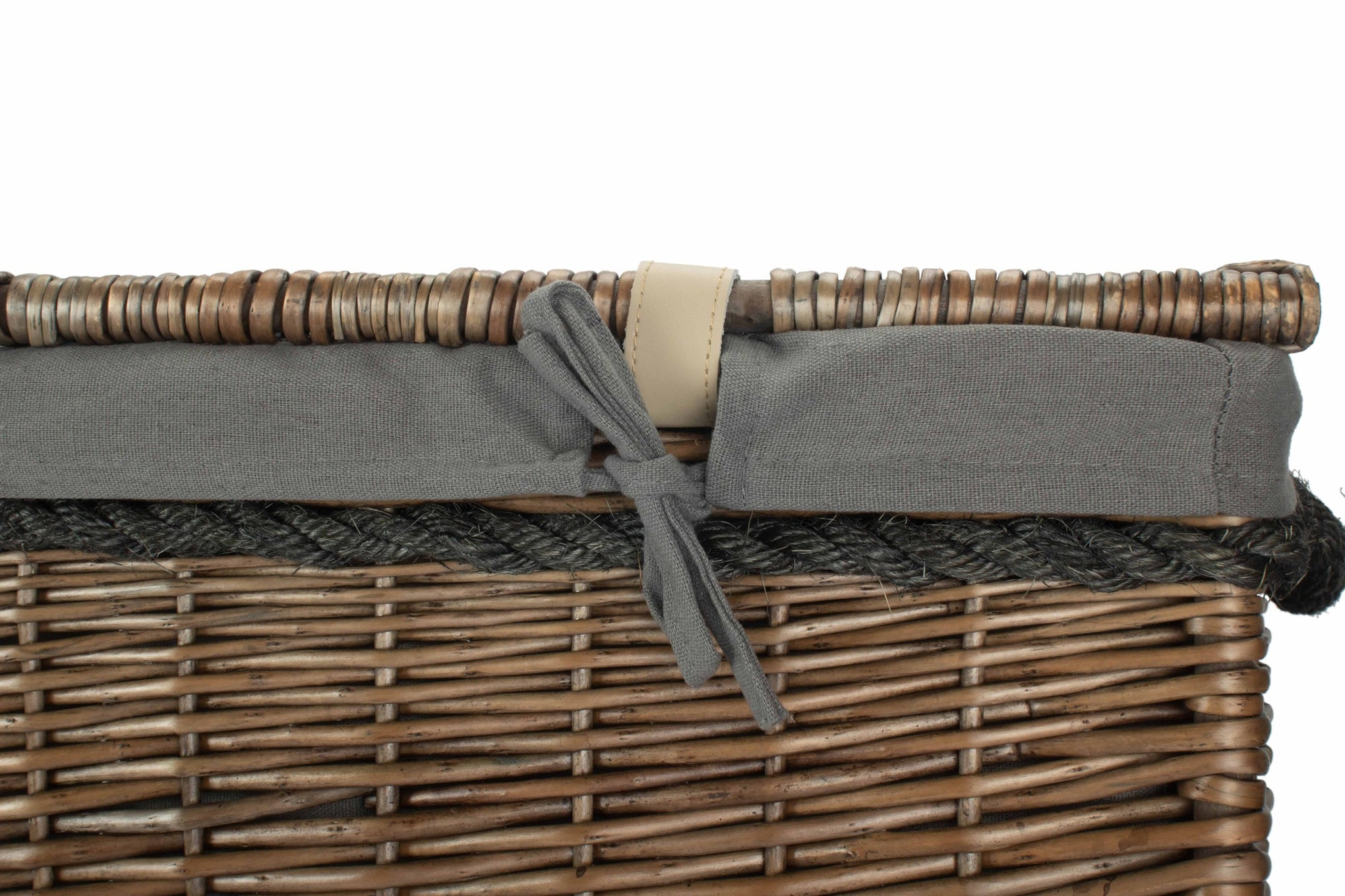 29 Inch Antique Wash Willow Storage Hamper with Rope Handles and Grey Sage Lining