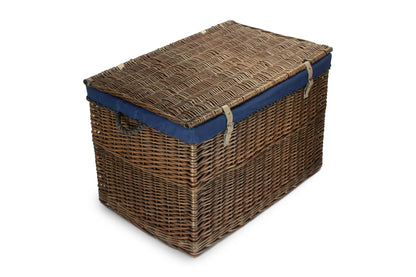 29 Inch Antique Wash Willow Storage Hamper with Rope Handles and Navy Blue Lining