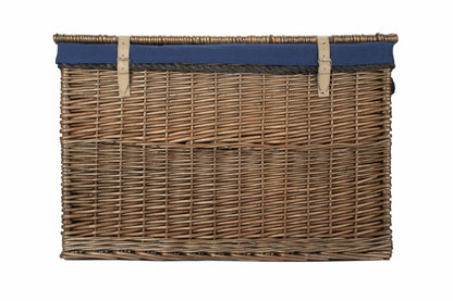 29 Inch Antique Wash Willow Storage Hamper with Rope Handles and Navy Blue Lining