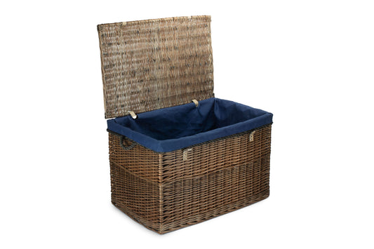 29 Inch Antique Wash Willow Storage Hamper with Rope Handles and Navy Blue Lining