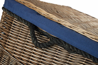 29 Inch Antique Wash Willow Storage Hamper with Rope Handles and Navy Blue Lining