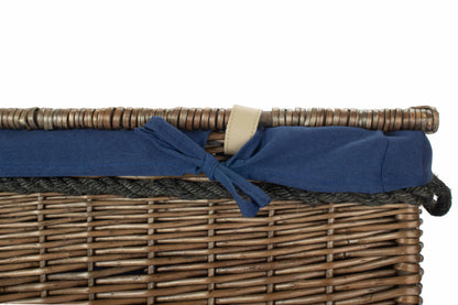 29 Inch Antique Wash Willow Storage Hamper with Rope Handles and Navy Blue Lining