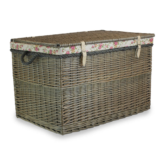29 Inch Antique Wash Willow Storage Hamper with Rope Handles and Garden Rose Lining