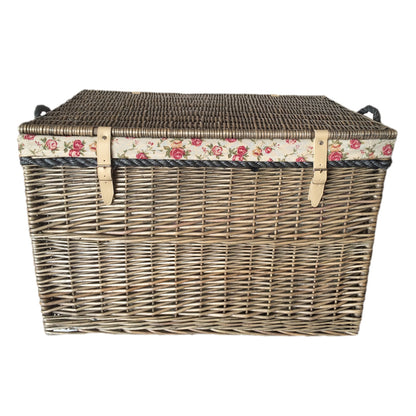 29 Inch Antique Wash Willow Storage Hamper with Rope Handles and Garden Rose Lining