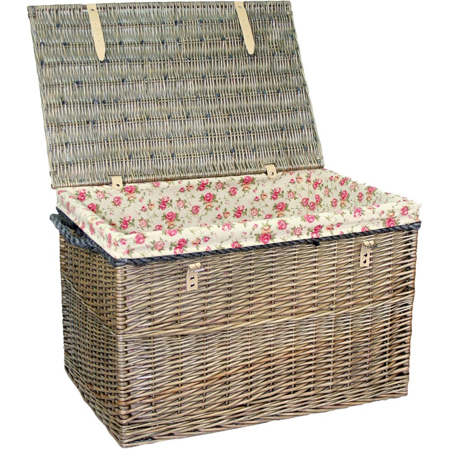 29 Inch Antique Wash Willow Storage Hamper with Rope Handles and Garden Rose Lining